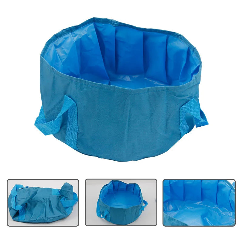 Collapsible blue foot bath basin for ion detox spa therapy and home health cleansing with portable carry handles.