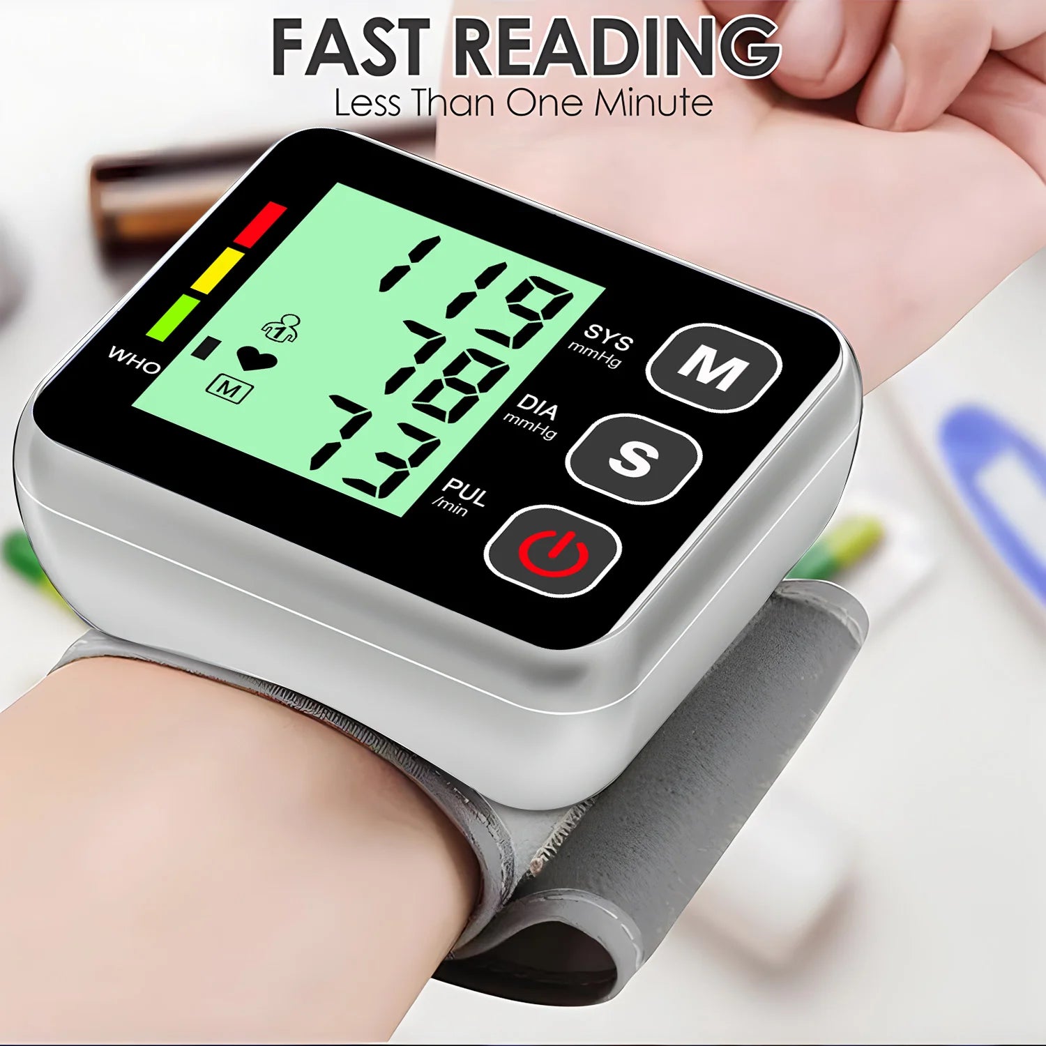 Wrist-Type Blood Pressure Monitor LED Digital BP Automatic Pressure Tonometer Heart Rate Pulse Test Sensor Tensiometer