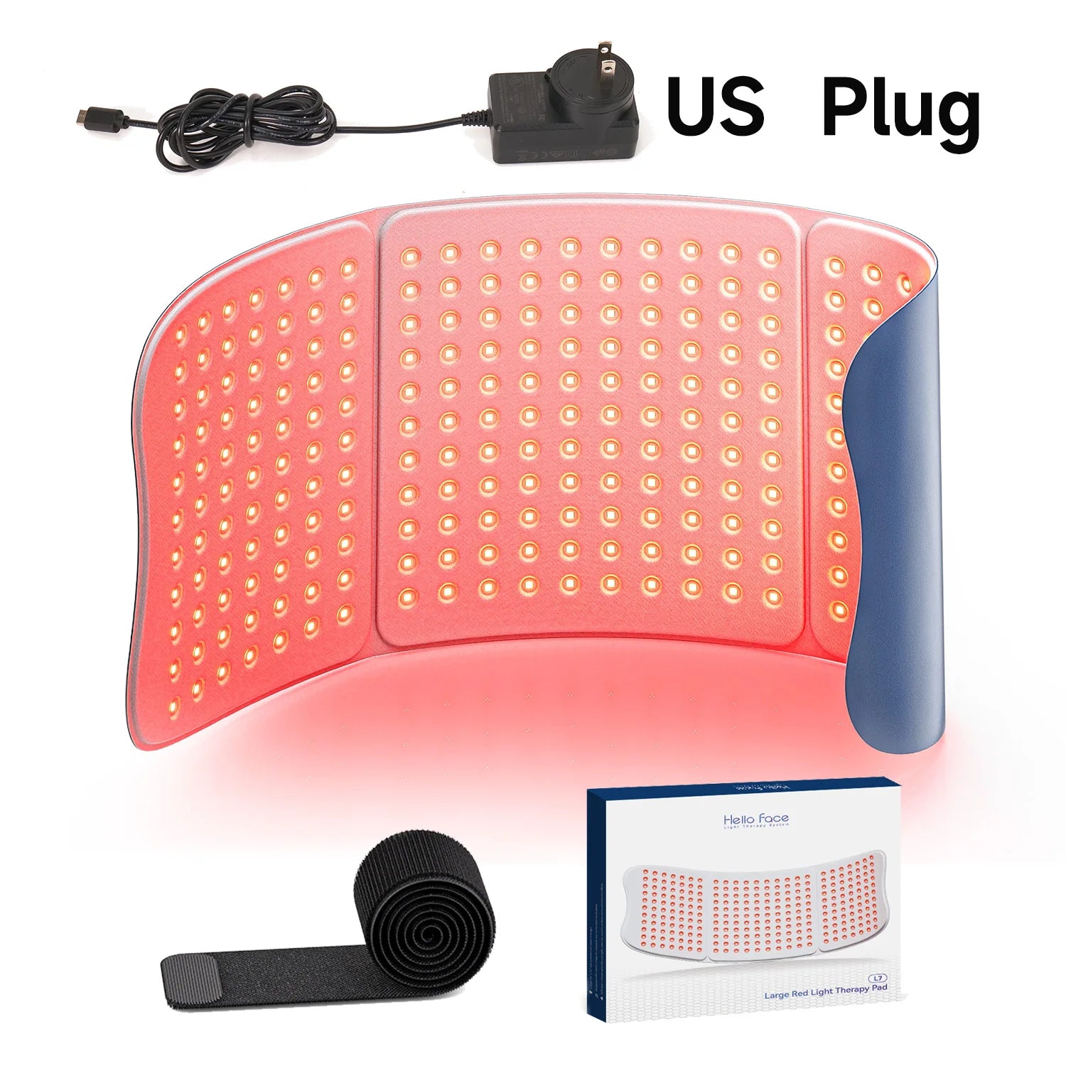 Hello Face L7 red light therapy pad with 792 LED chips, dual-wavelength, US plug, and adjustable strap for home use.