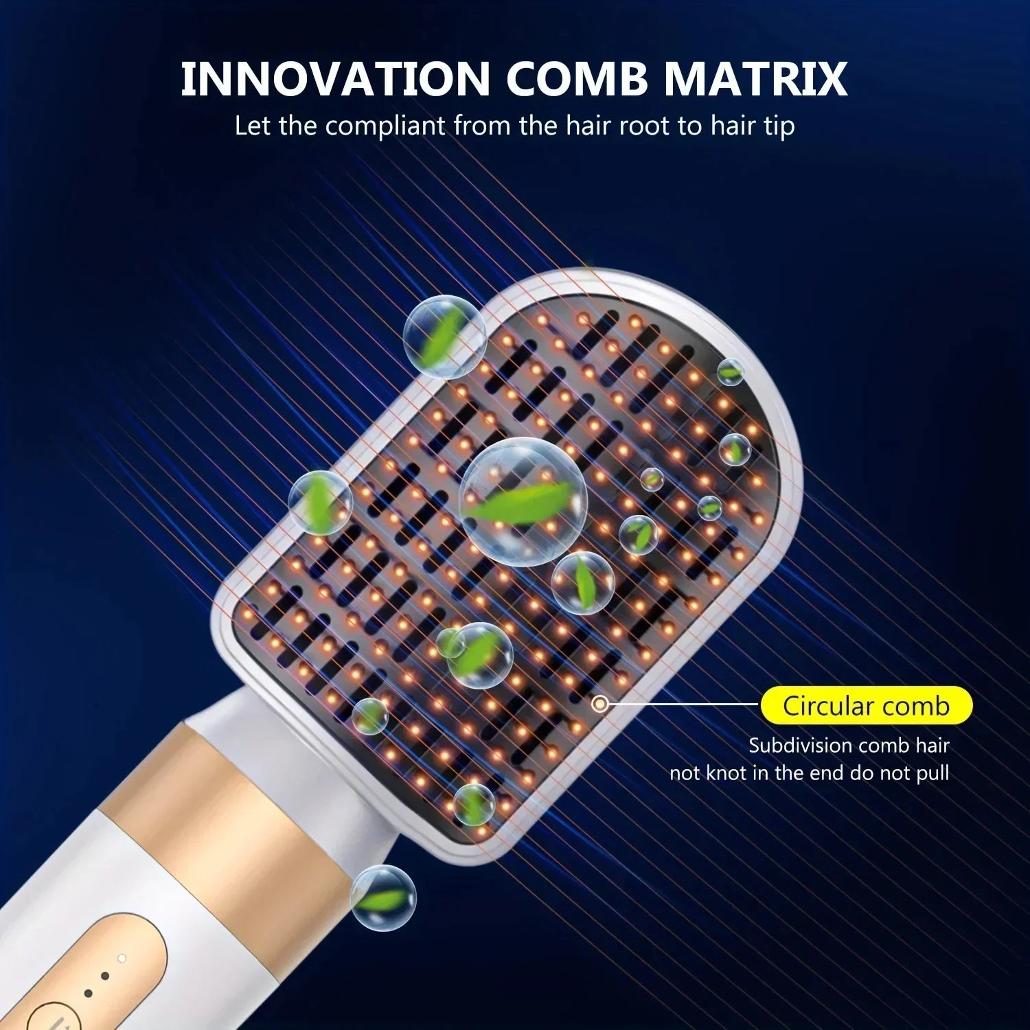 7-in-1 high-speed hair dryer brush with anti-tangle circular comb matrix, white and gold professional styling tool.