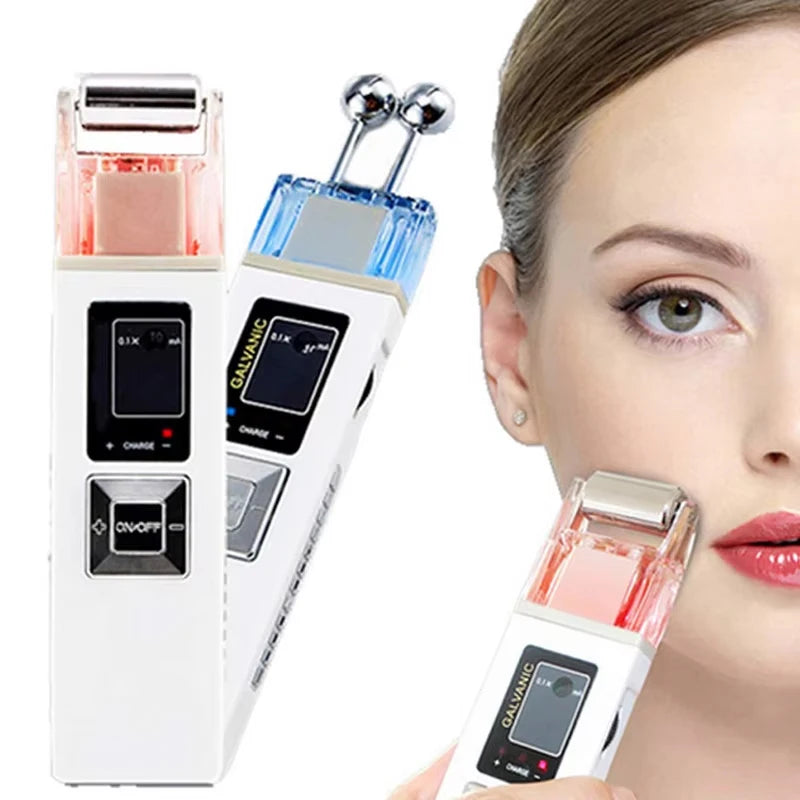 White wireless galvanic facial lifting device with metal roller heads and digital display, shown in use on a face.