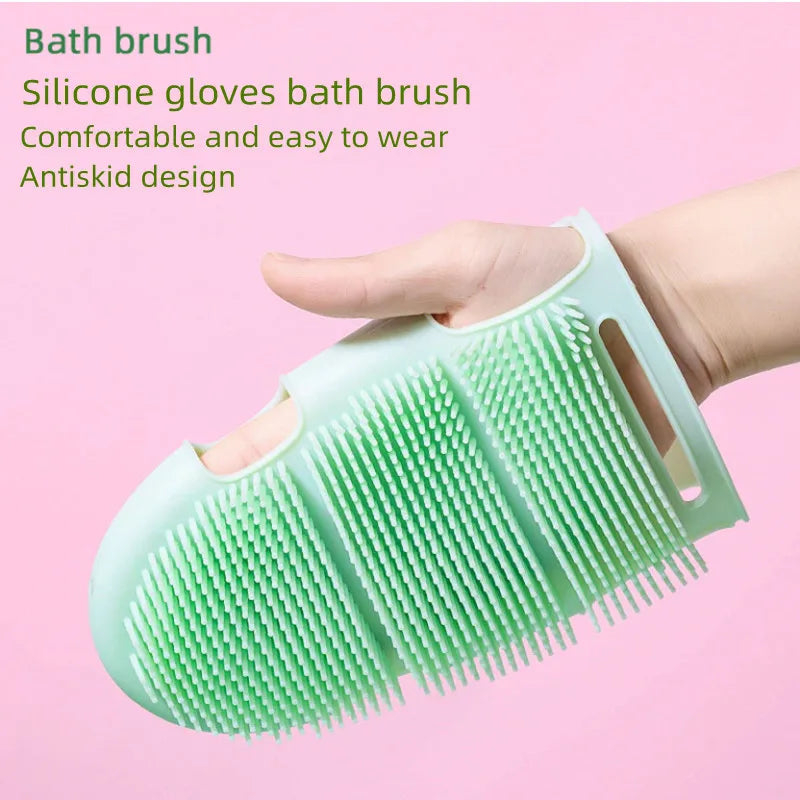Green silicone pet bath brush glove for gentle massage, grooming, and deep cleaning for dogs and cats.