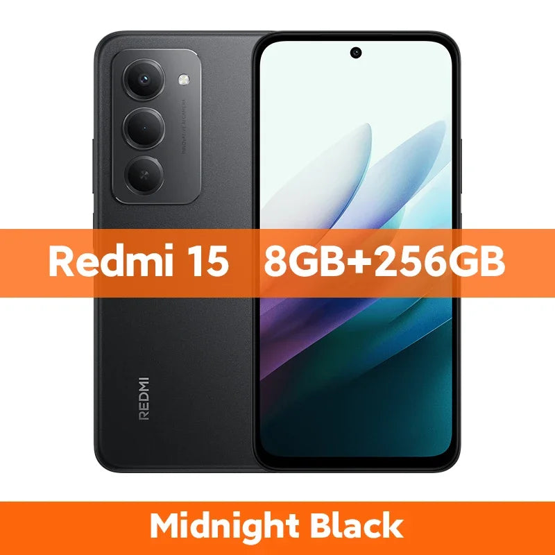 Midnight Black Xiaomi Redmi 15 smartphone showing front display and triple rear camera module, 8GB/256GB model.