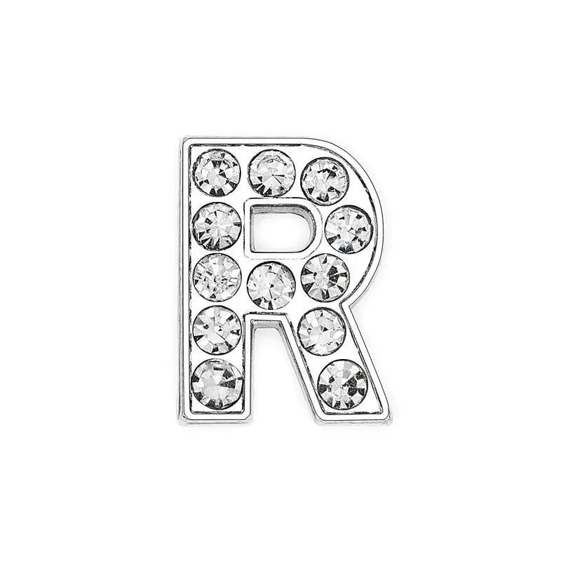Silver rhinestone letter R slide charm for 8mm pet collars. DIY alphabet charm to personalize your dog’s collar.