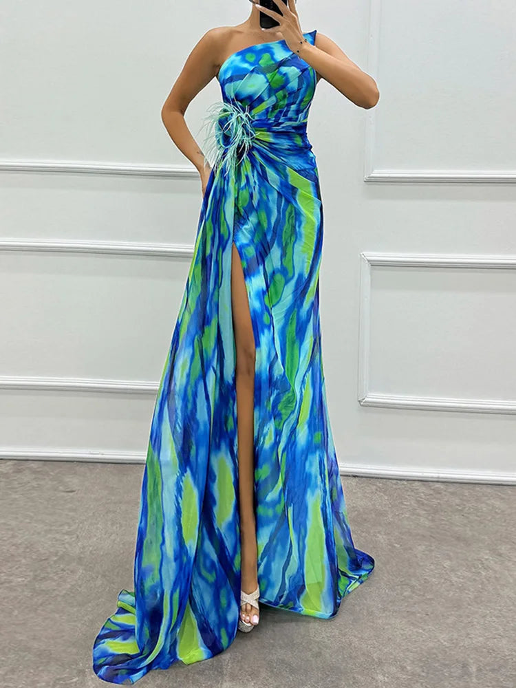 Printed Skew Collar Simple Party Dress, Women Summer Patchwork Sleeveless Elegant Maxi Dress, 2024 Backless Fashion Ladies Dress