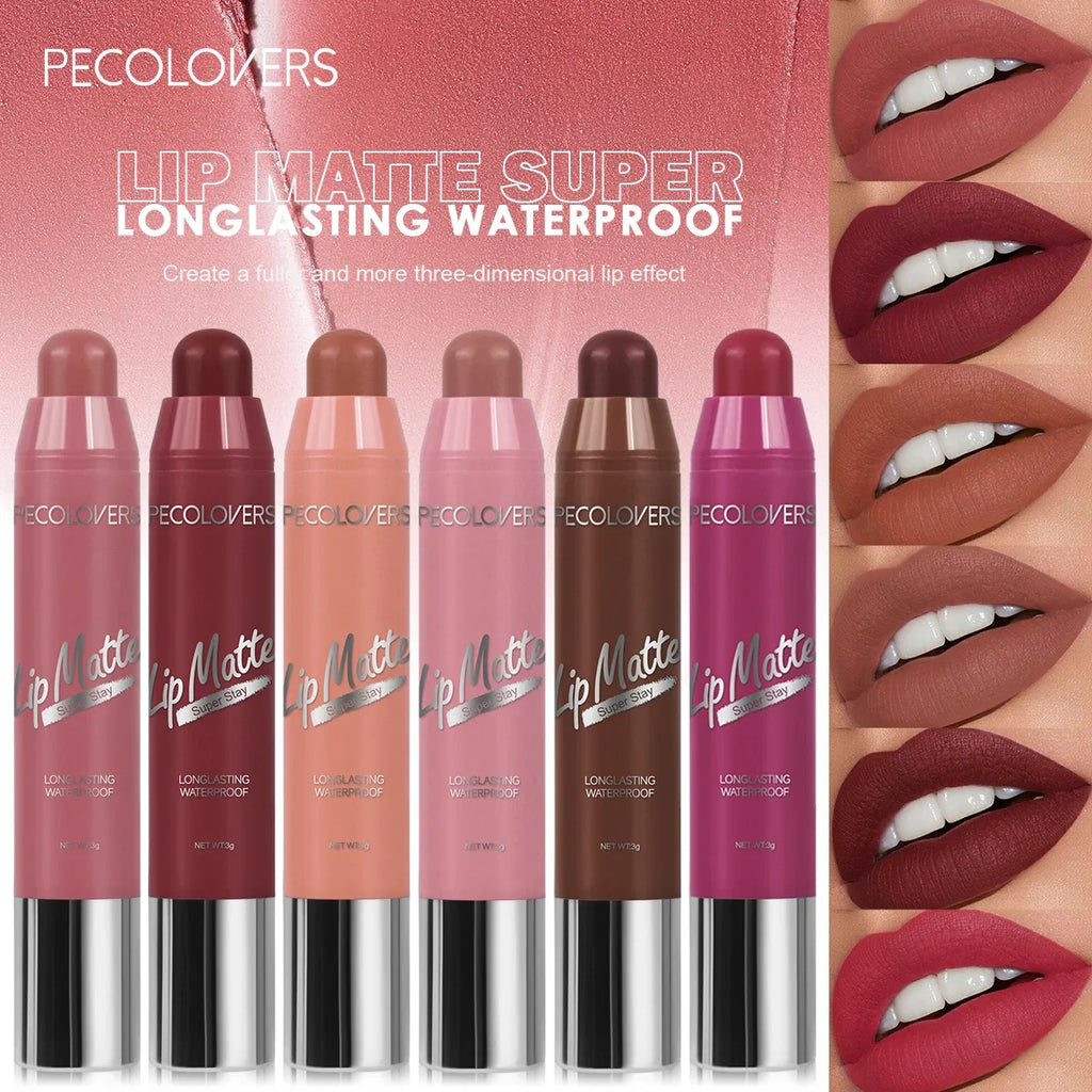 Velvet matte lipstick set in nude apricot and assorted shades. Waterproof, long-lasting, non-stick lip makeup.