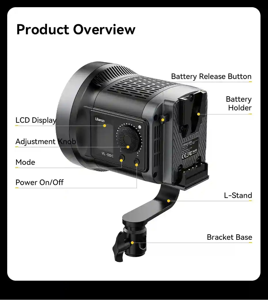 Black studio video light with L-stand, LCD screen, control knob, and rear battery mount for professional lighting.