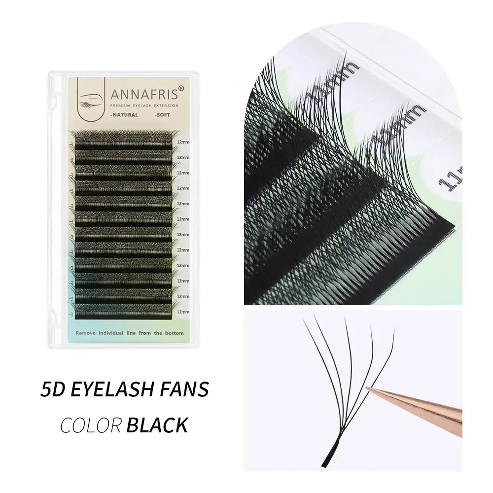 Black 5D eyelash extension fans in a storage tray, featuring 12mm length strands for professional volume applications.