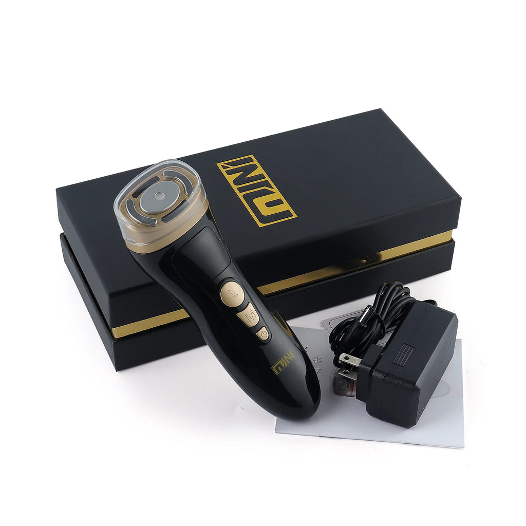 Black and gold HIFU facial lifting device with power adapter, manual, and branded gift box.