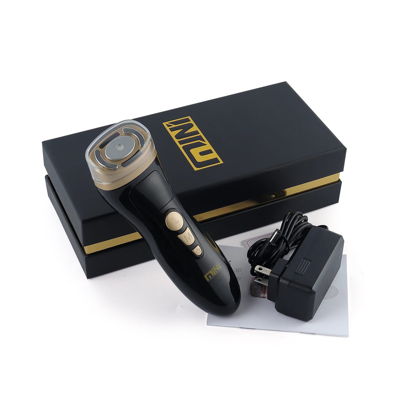 Black and gold HIFU facial lifting device with power adapter, manual, and branded gift box.