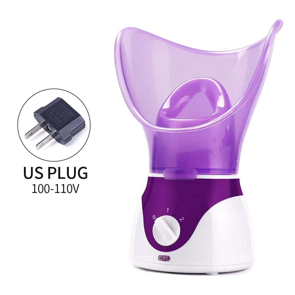 Purple portable face steamer and pore cleaner with US plug, adjustable settings, and facial hot fog SPA mist machine.