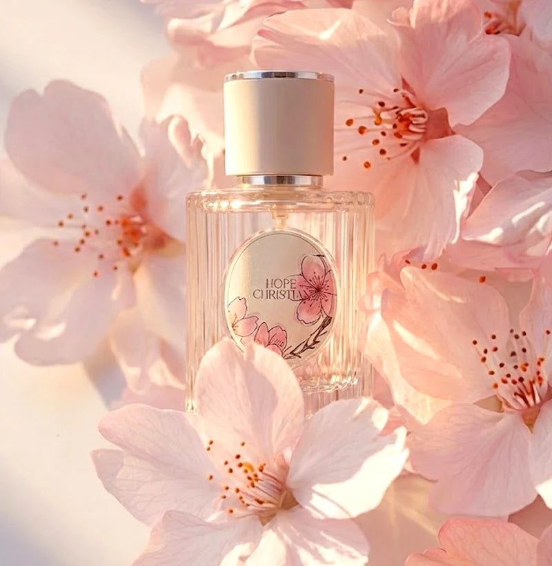 Glass perfume bottle with floral label surrounded by soft pink cherry blossoms. Sakura-scented feminine fragrance.