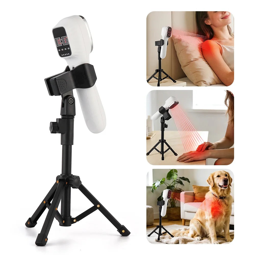 White handheld infrared red light therapy device on a black tripod stand, shown being used on people and a dog.