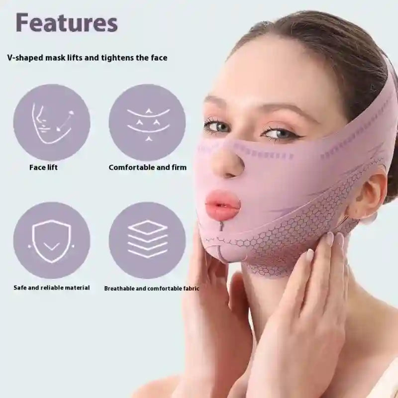 A woman wearing a mauve V-line face lifting mask with a honeycomb pattern, featuring cutouts for the nose and lips.
