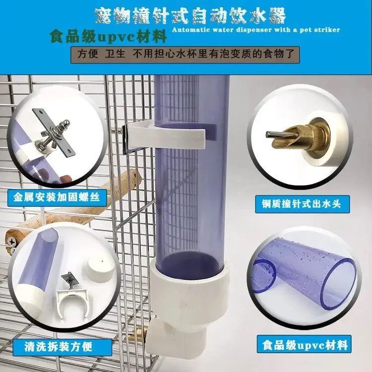 Large automatic parrot water dispenser, food-grade UPVC with durable copper needle feeder for hygienic bird hydration.