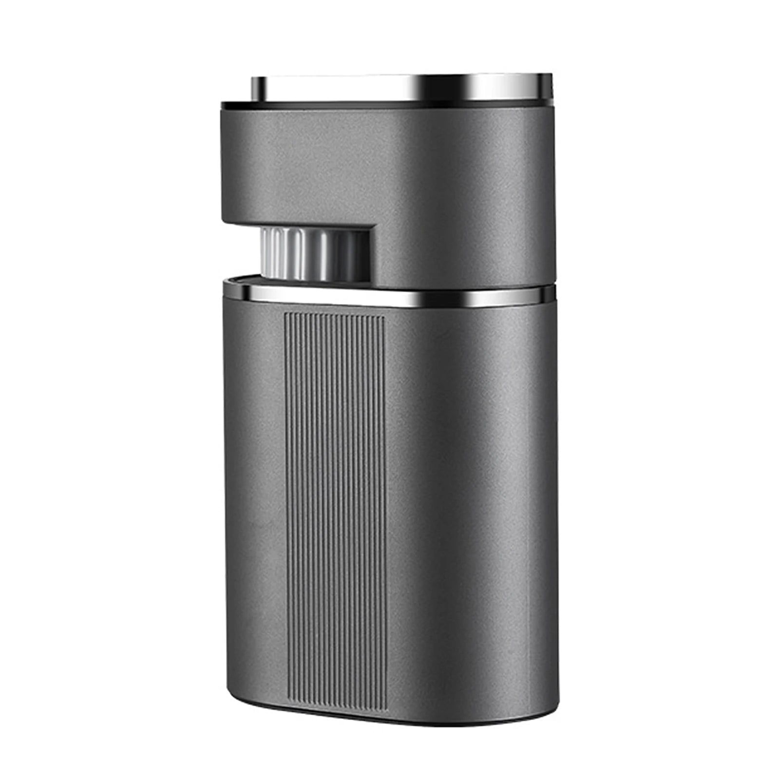 Modern gray electric coffee grinder with vertical ribbing and metallic accents in a compact, minimalist design.