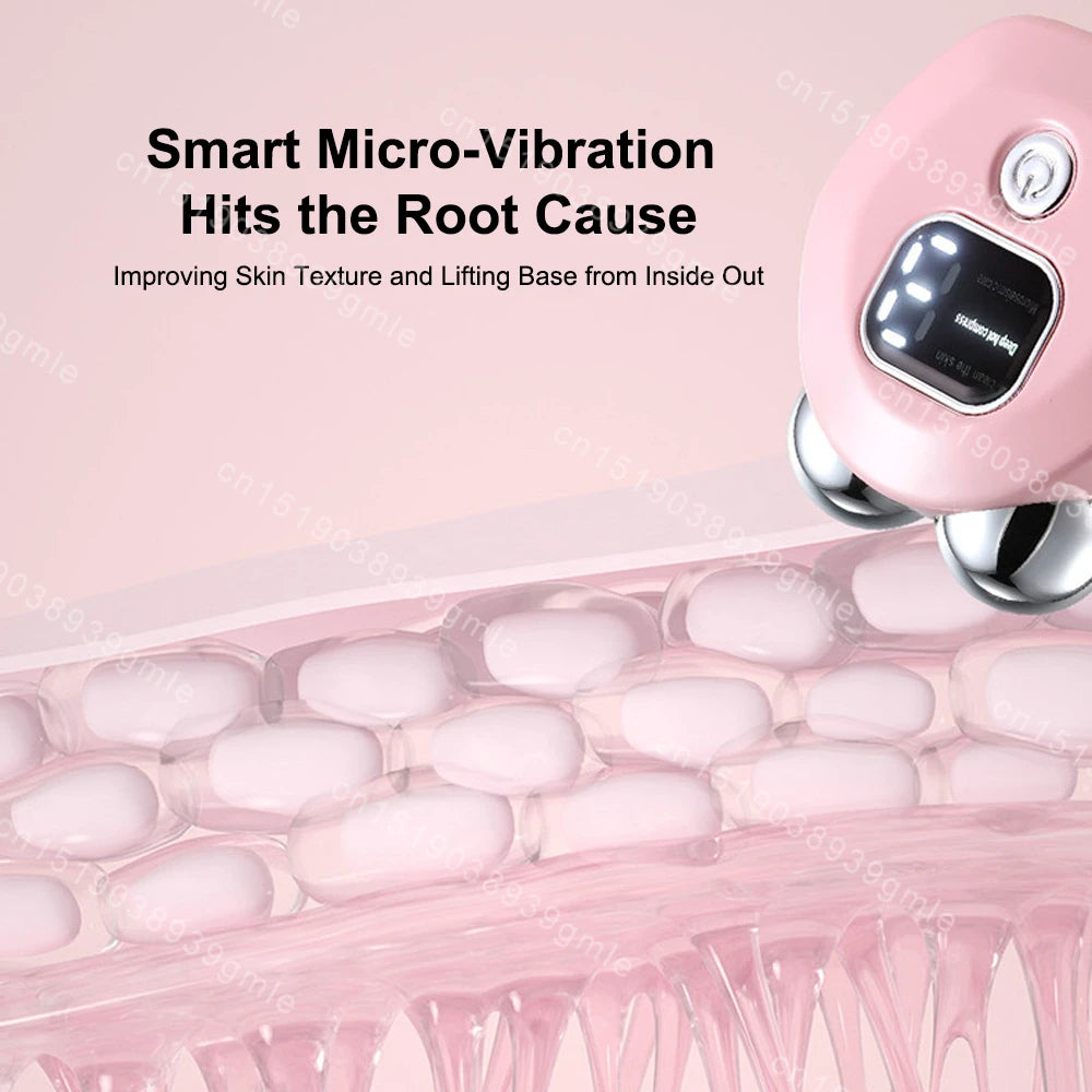 Pink handheld facial massage device with dual rollers and a digital display for skin lifting and texture improvement.