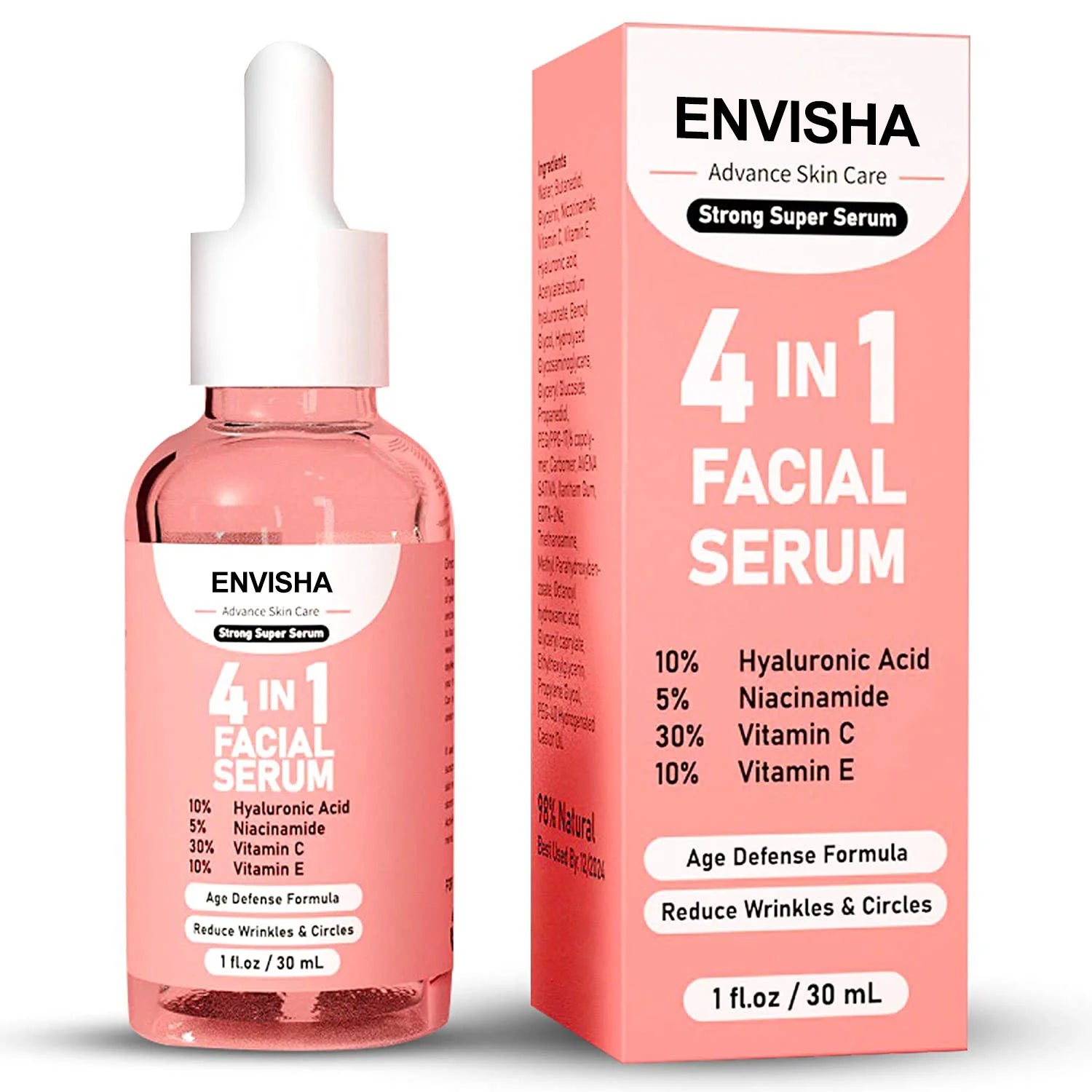 ENVISHA 4-in-1 Face Serum with Hyaluronic Acid, Niacinamide, Vitamin C & E for anti-aging and deep skin hydration.