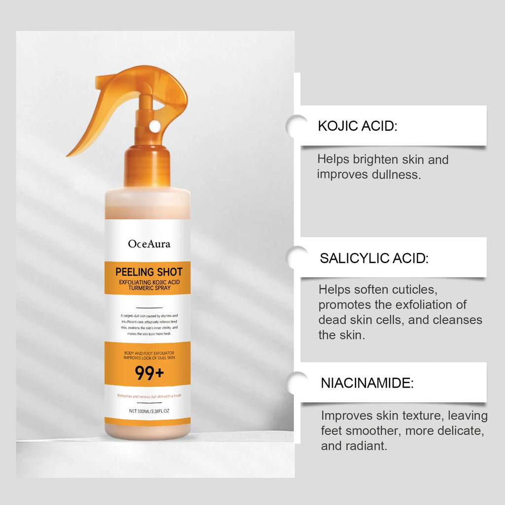 Easy Spray On Body Exfoliator Kojic Acid Turmeric Formula for Dark Elbows Improves Skin Texture & Dullness Rinse Off Gentle Peel