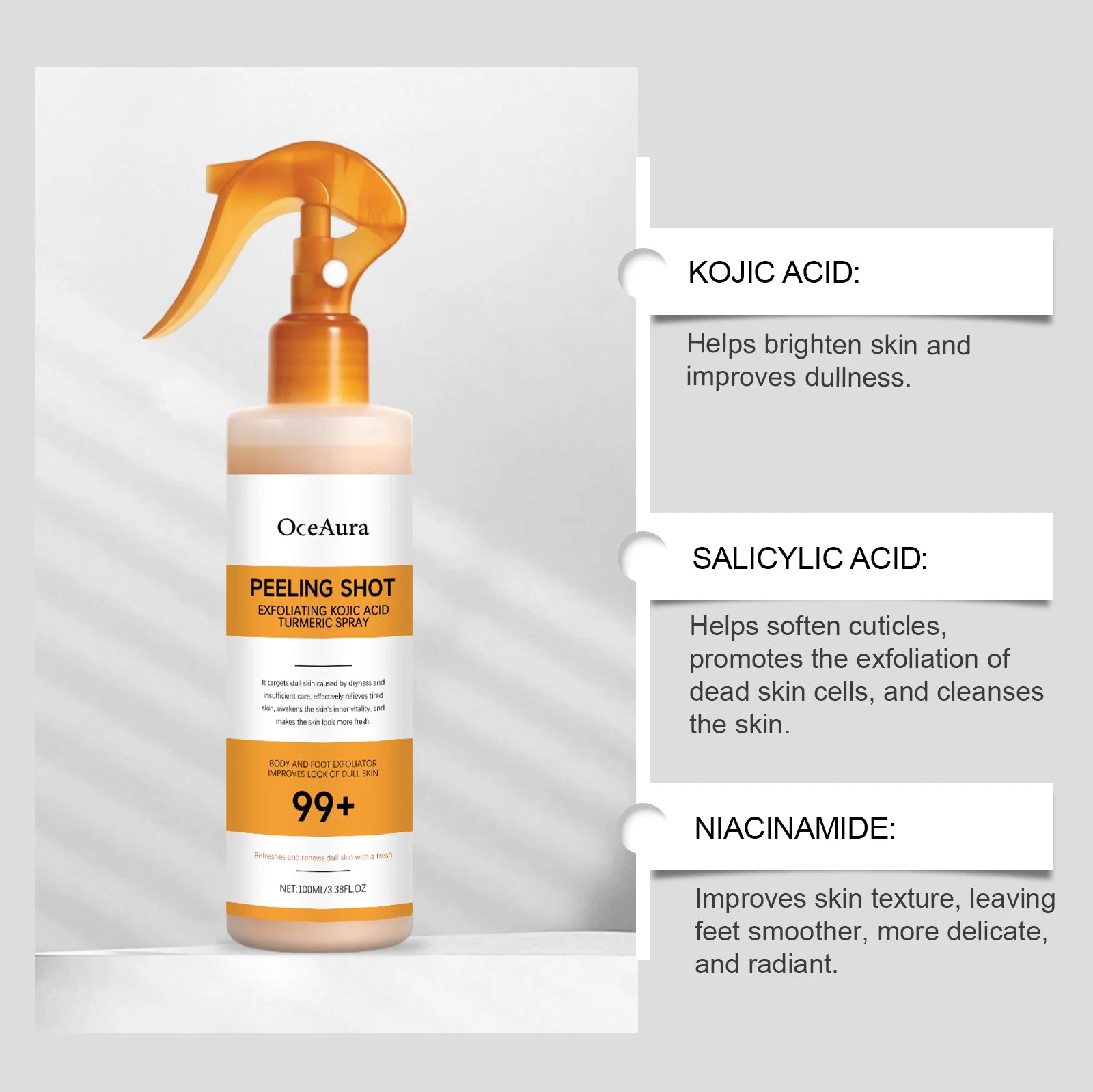 Easy Spray On Body Exfoliator Kojic Acid Turmeric Formula for Dark Elbows Improves Skin Texture & Dullness Rinse Off Gentle Peel