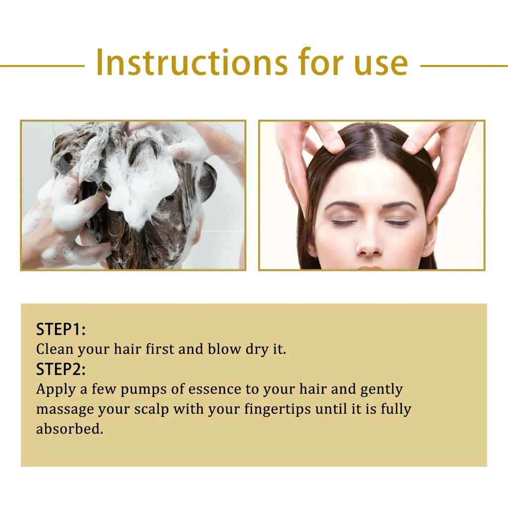 Instructions for using anti-hair loss essence: washing hair followed by applying and massaging the scalp.