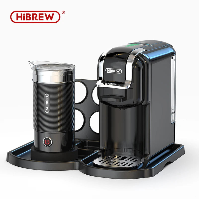 HiBREW black capsule coffee maker and milk frother combo station on a matching storage tray.