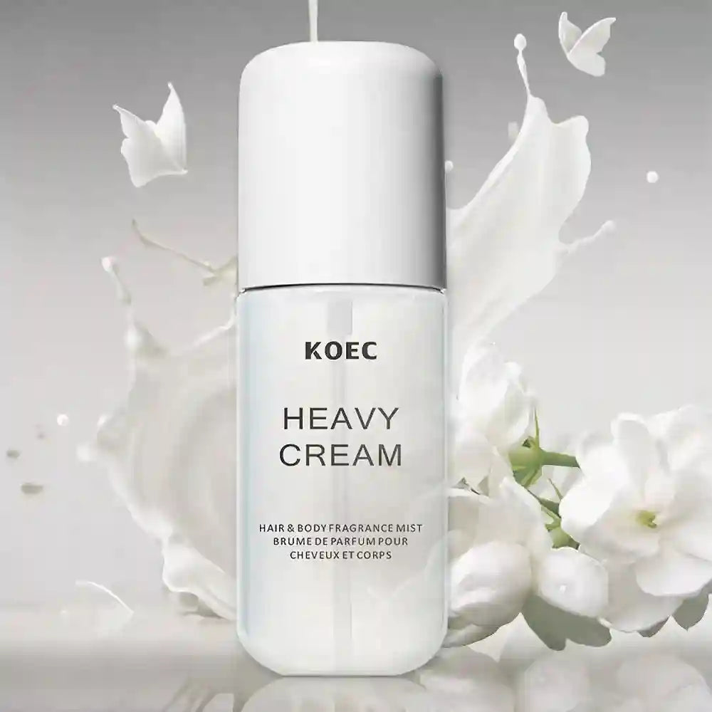 KOEC Heavy Cream 50ml fragrance mist: moisturizing hair & body spray with jasmine, vanilla, and sugar notes.