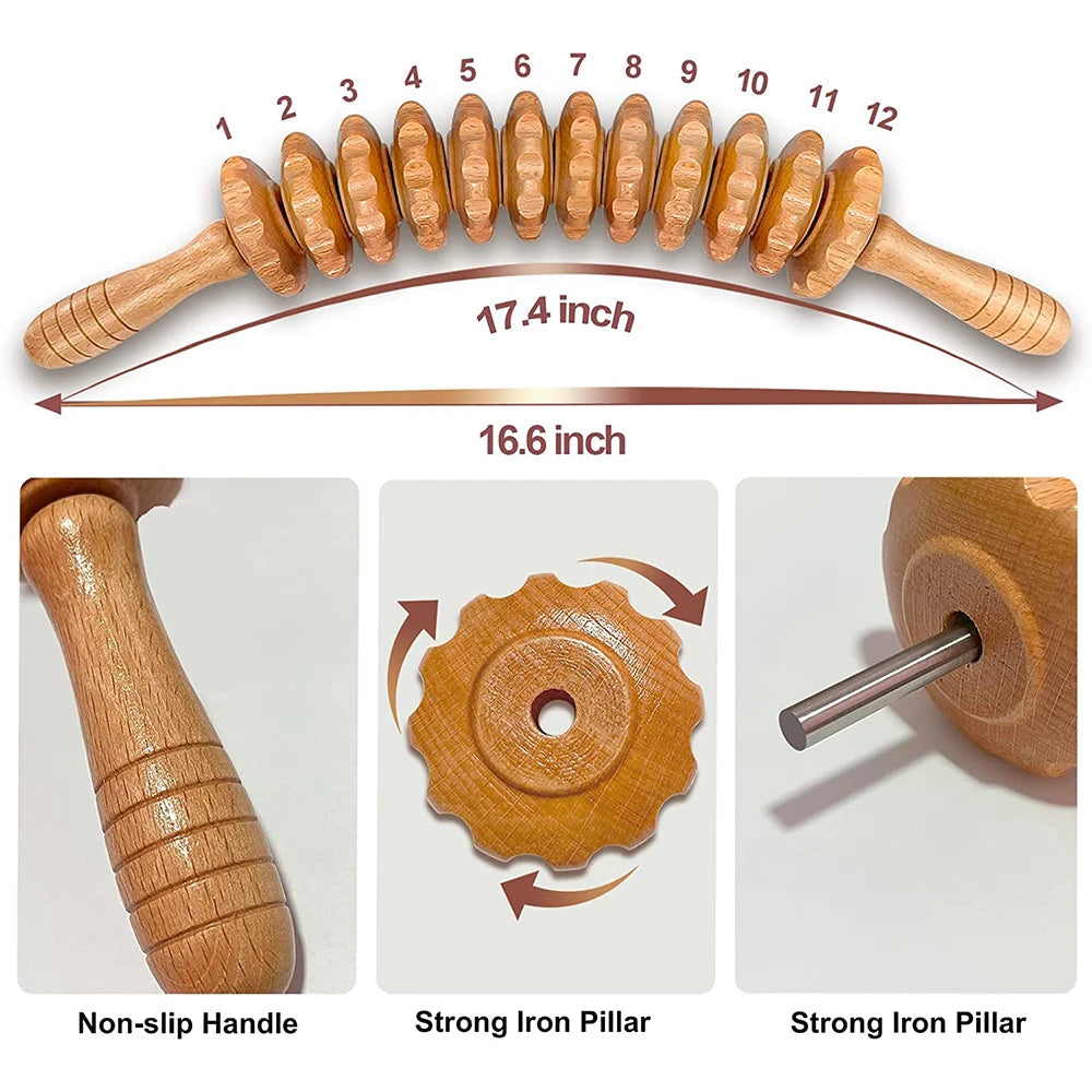 Wooden Lymphatic Drainage Roller - 12 Wheel Muscle Relief Tool Back Massage Instrument Tidesmit