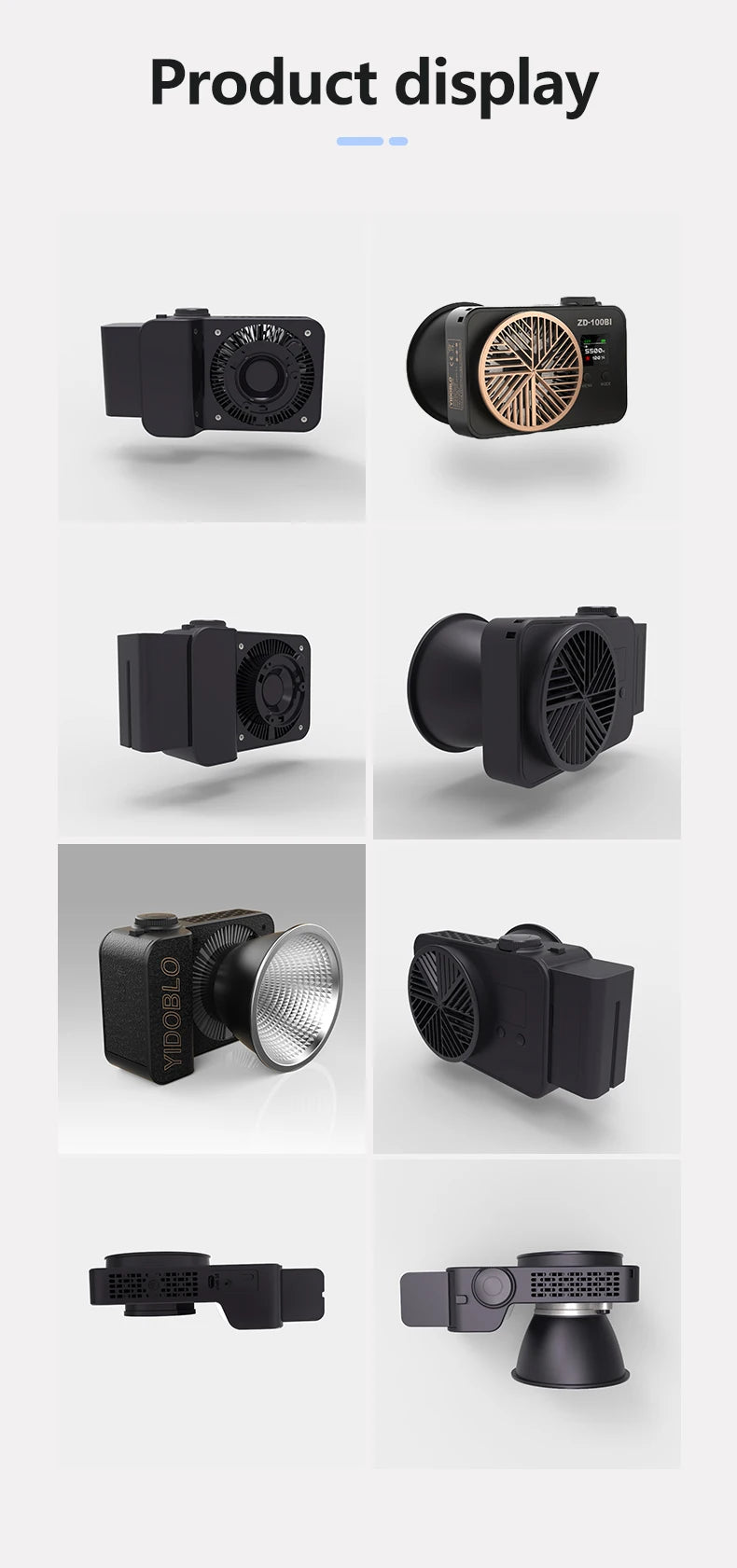 Black Yidoblo LED studio light with a compact, rectangular body and circular reflector for portable photography