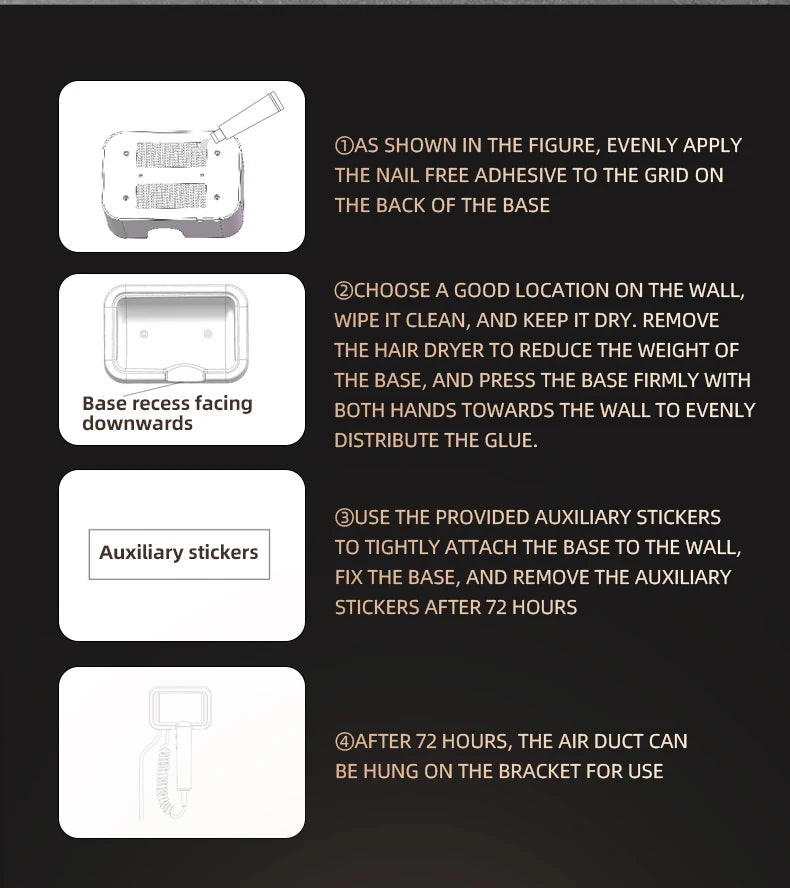 Installation guide for non-perforated wall-mounted hair dryer with adhesive base and bracket for bathroom organization.