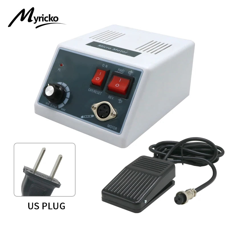 White micro motor controller box with rotary speed dial, power and direction switches, foot pedal, and US power plug.