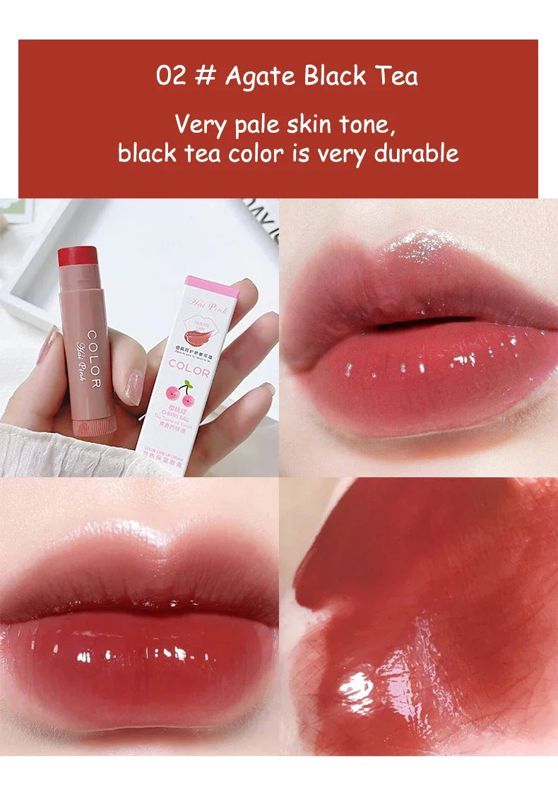 Agate Black Tea tinted moisturizing lip balm, glossy red lipstick with hydrating, anti-drying texture for smooth lips.