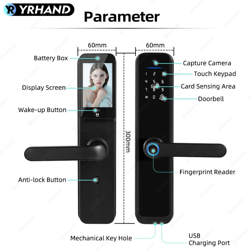Tuya Wifi Smart Lock Electronic Digital Lock Featuring Biometric Fingerprint Recognition Camera Smart Card&Password Key Unlock
