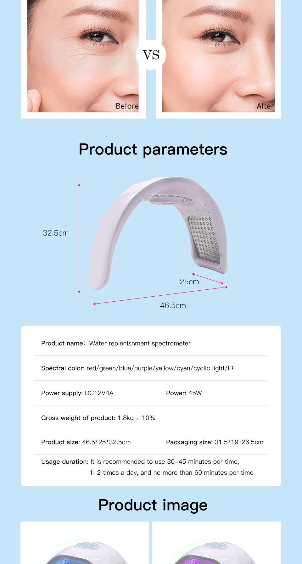 PDT 8-color LED light therapy mask for home facial skin rejuvenation, whitening, and anti-aging with product specs.