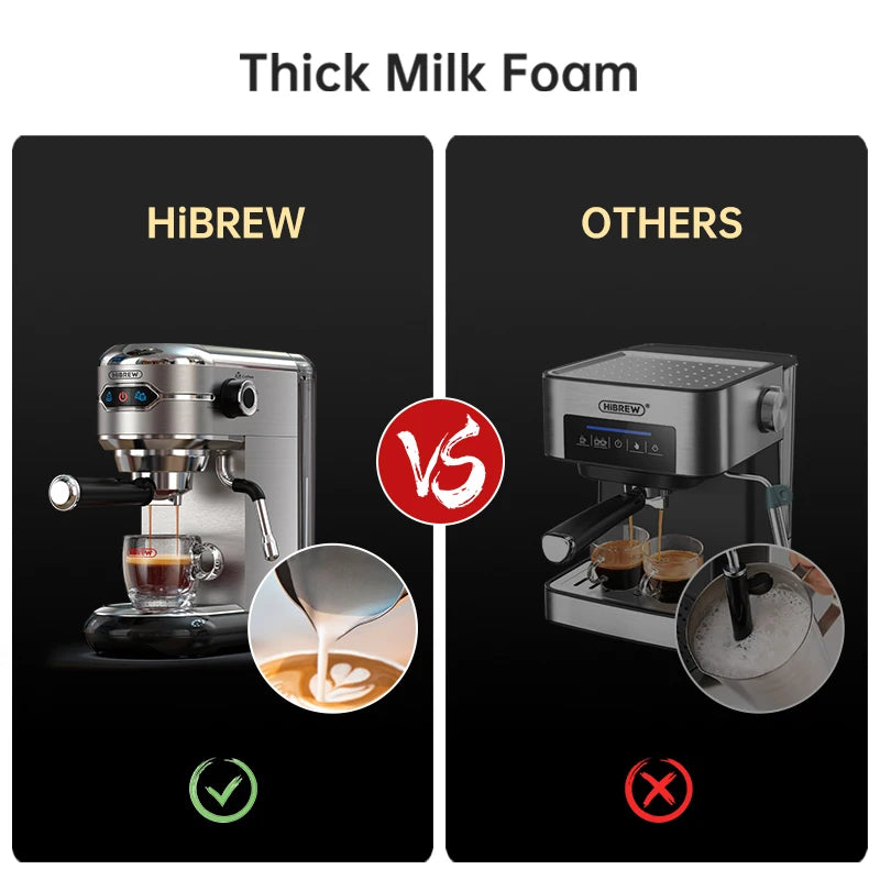 HiBREW silver stainless steel espresso machine comparison showing superior thick milk foam quality for coffee.