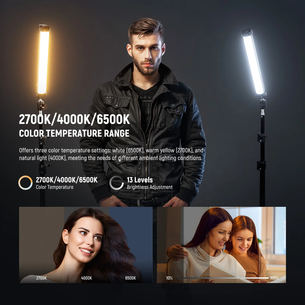 LED light bar on a stand with adjustable color temperatures and brightness for studio photography and video lighting.