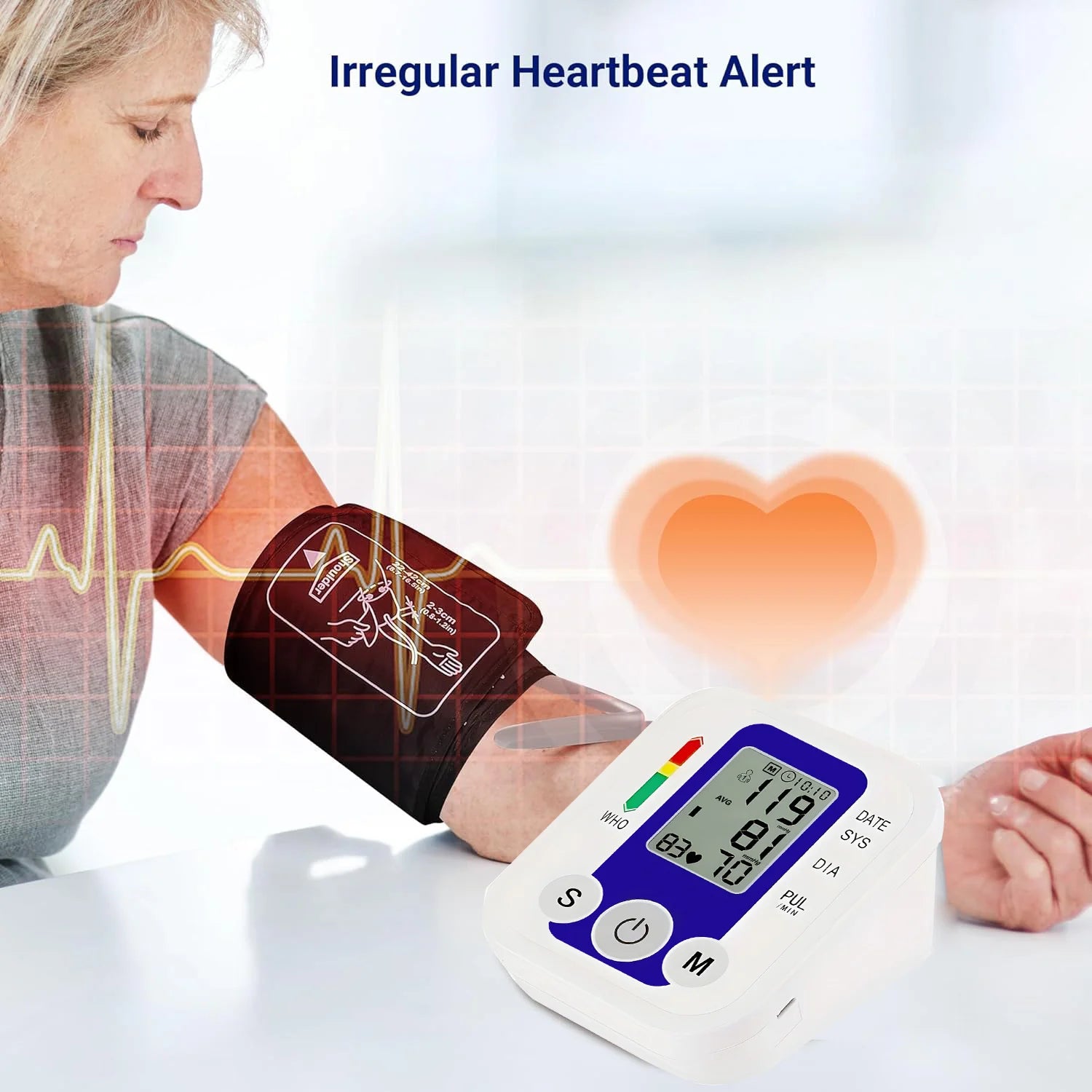 Automatic Upper Arm Blood Pressure Monitor Home Sphygmomanometer Tensiometer Tonometer Heart Rate Pulse Meter Medical BP Monitor