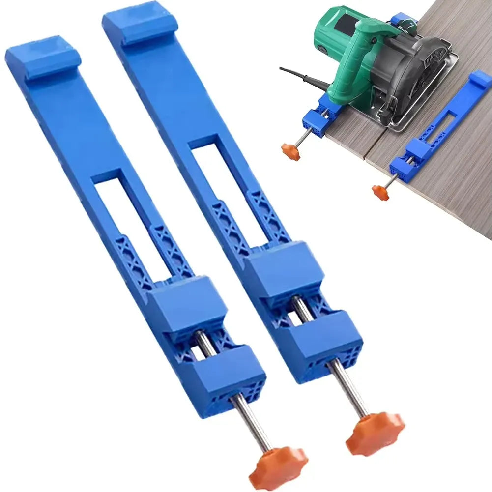 Blue adjustable edge guide clamps with orange knobs for circular saw milling