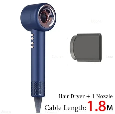 Navy blue 1600W leafless negative ion hair dryer with styling nozzle for professional salon-quality hair care.