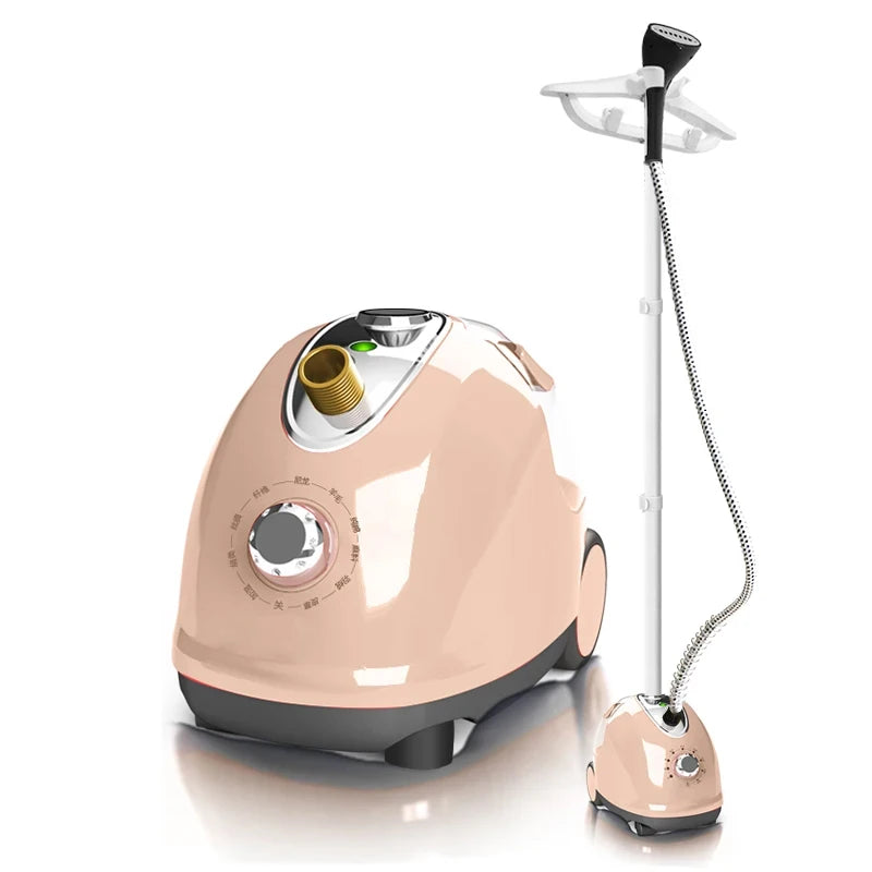 Khaki steamer system with ironing board, hanging head, and flexible steam hose