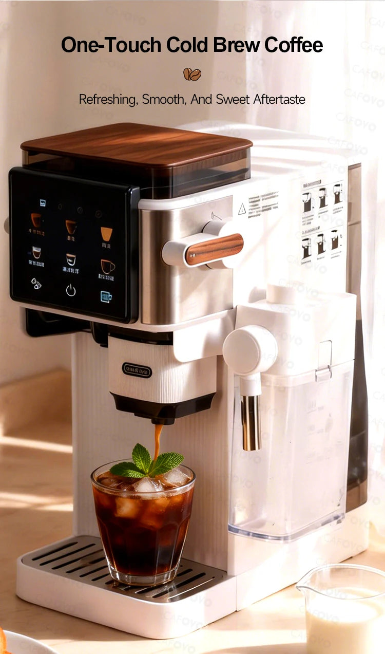 Cafoyo white and wood-grain automatic cold brew coffee maker with touchscreen pouring iced coffee into a glass.