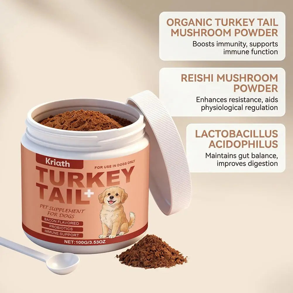 Dog Immune Support Supplement Turkey Tail Mushroom Powder With Probiotics Bacon Flavor For Gut Health And Defense System 3.53oz