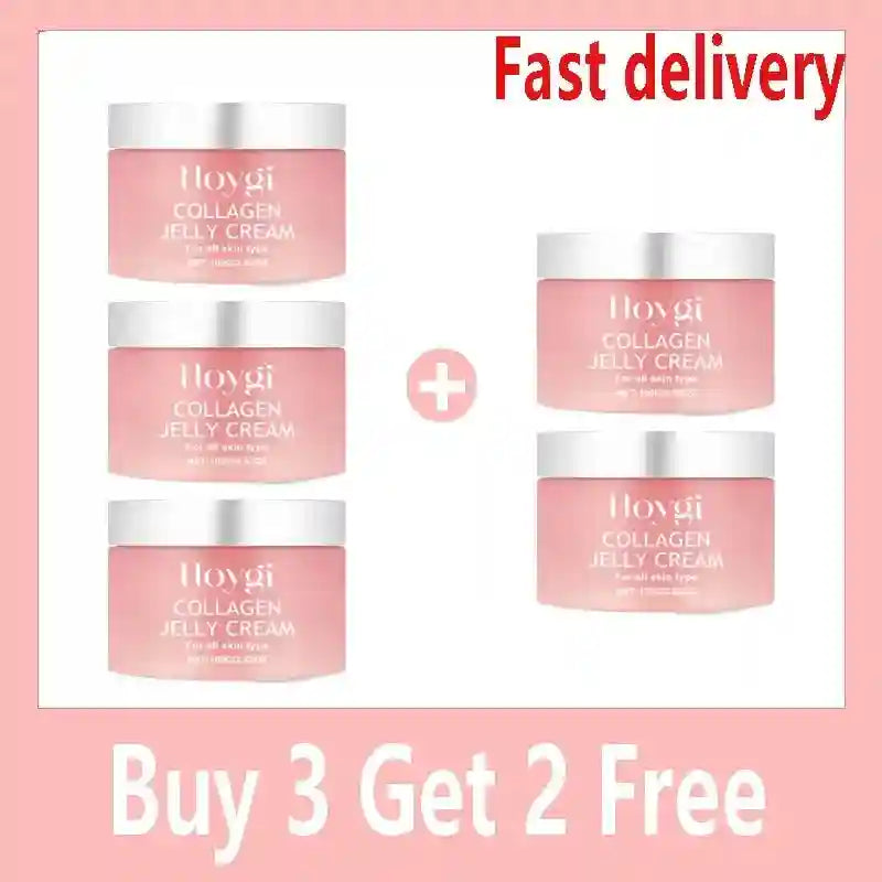 Five jars of Hoygi Collagen Jelly Cream in pink packaging with silver lids, displayed as a "Buy 3 Get 2 Free" offer.