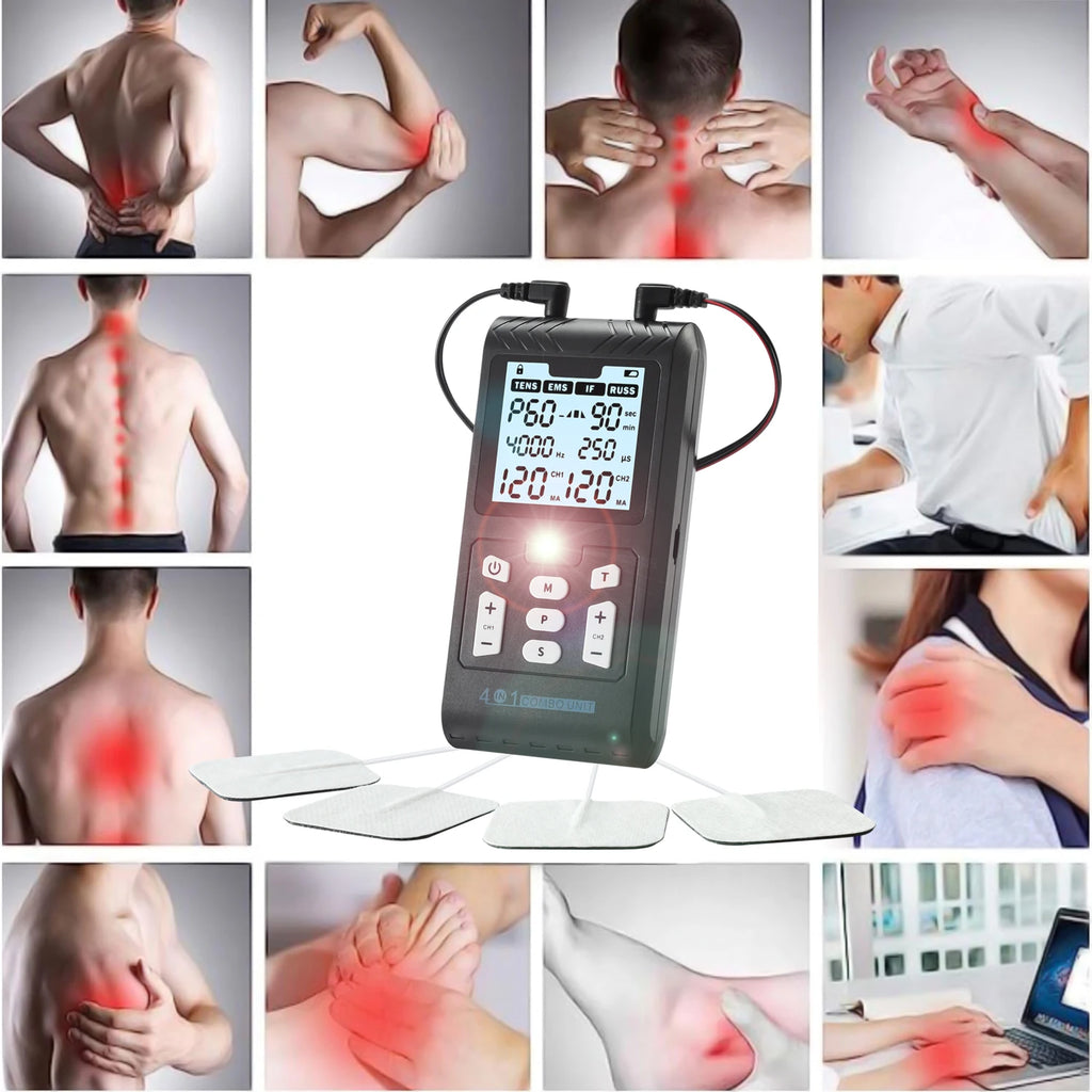 Black TENS EMS combo unit with LCD screen, control buttons, and four adhesive electrode pads for pain relief.