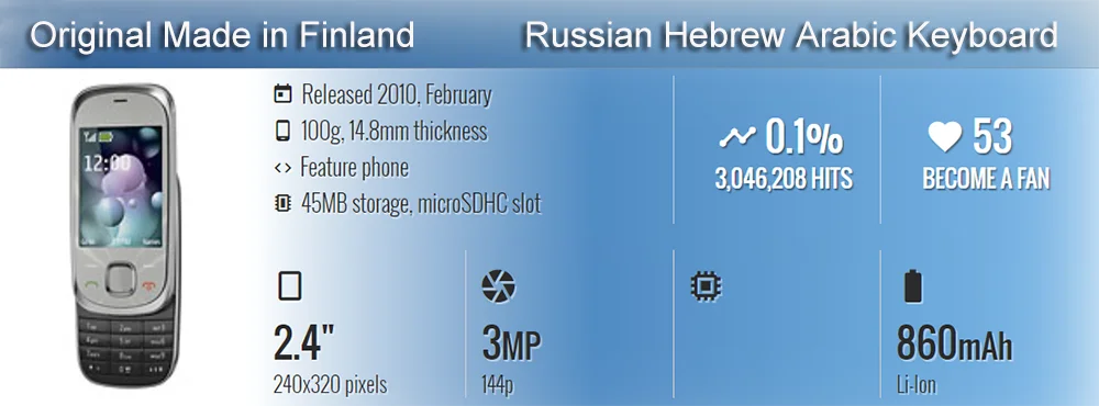 Original 7230 Mobile Cell Phone Unlocked English Russian Hebrew Arabic Keyboard 2G 3G GSM Cellphone. Made in Finland