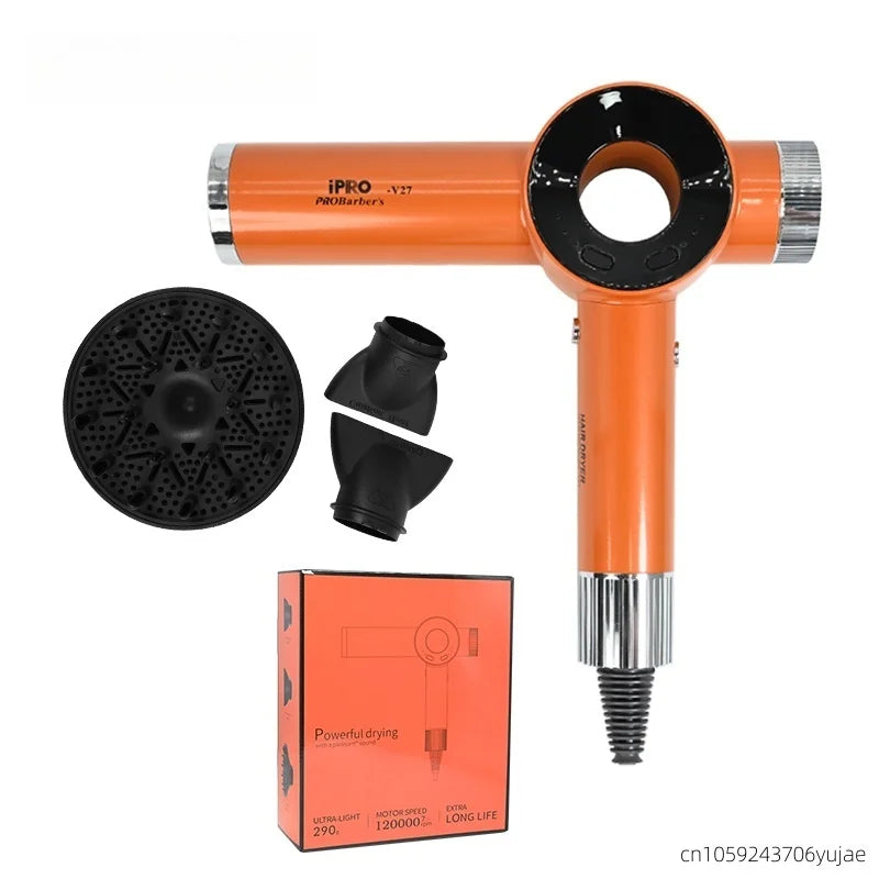Orange 120,000 RPM high-speed bladeless hair dryer with professional styling attachments and gift box packaging.