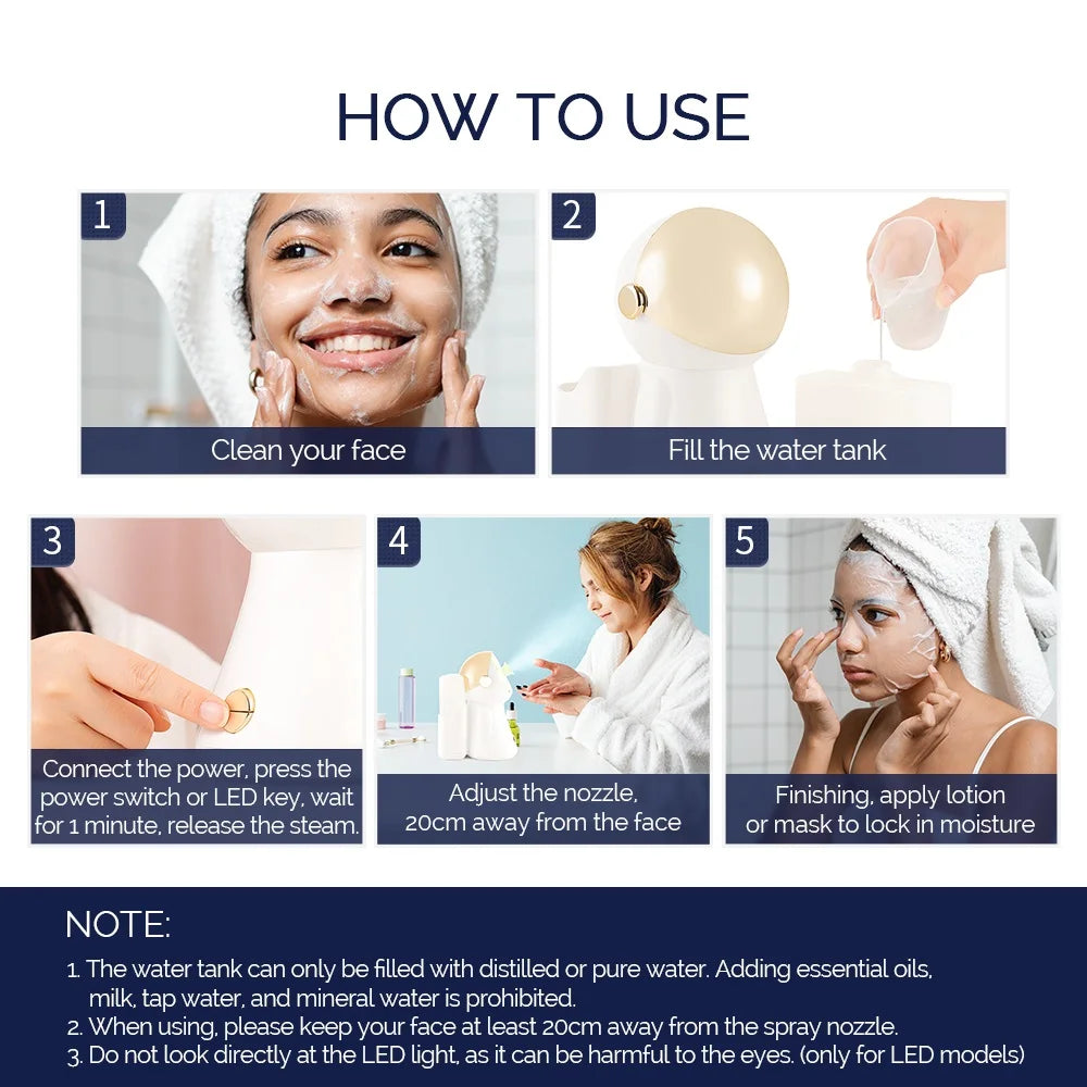Five-step instructions for a white and gold facial steamer, showing how to fill, operate, and use it for skincare.