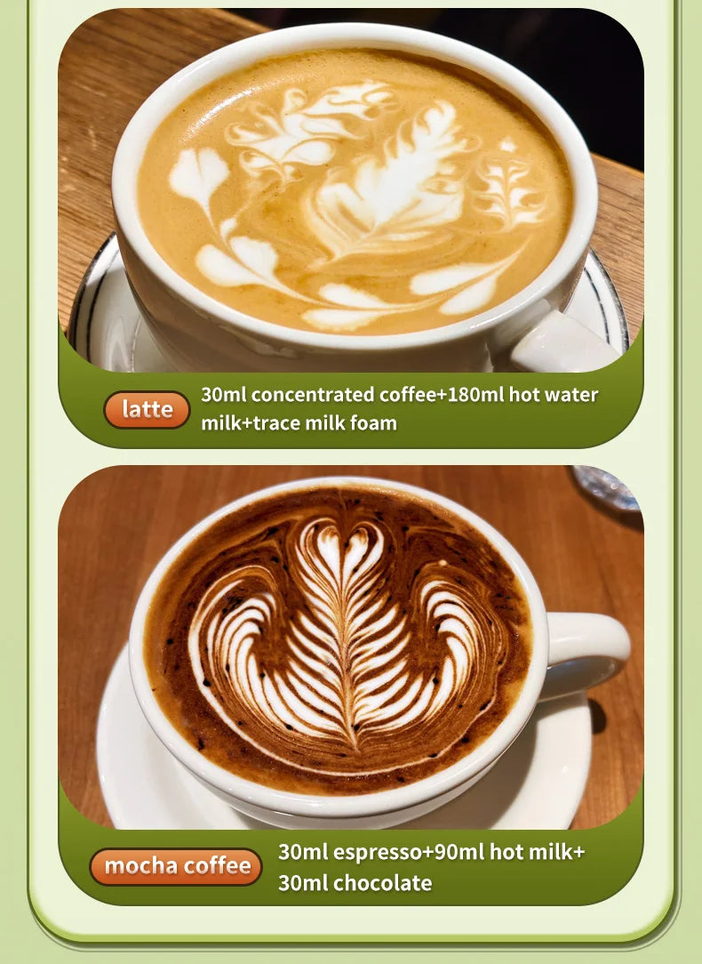 Two white ceramic cups showing latte and mocha coffee recipes with detailed milk foam art.