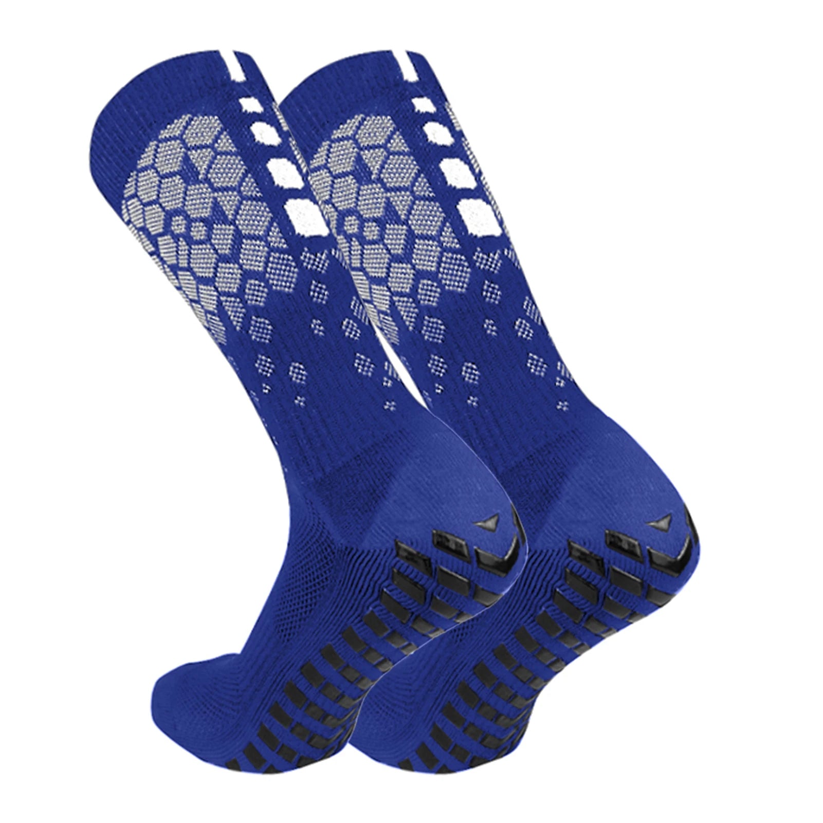 Tidesmit royal blue athletic socks with breathable white geometric pattern and black rubber anti-slip grip soles.