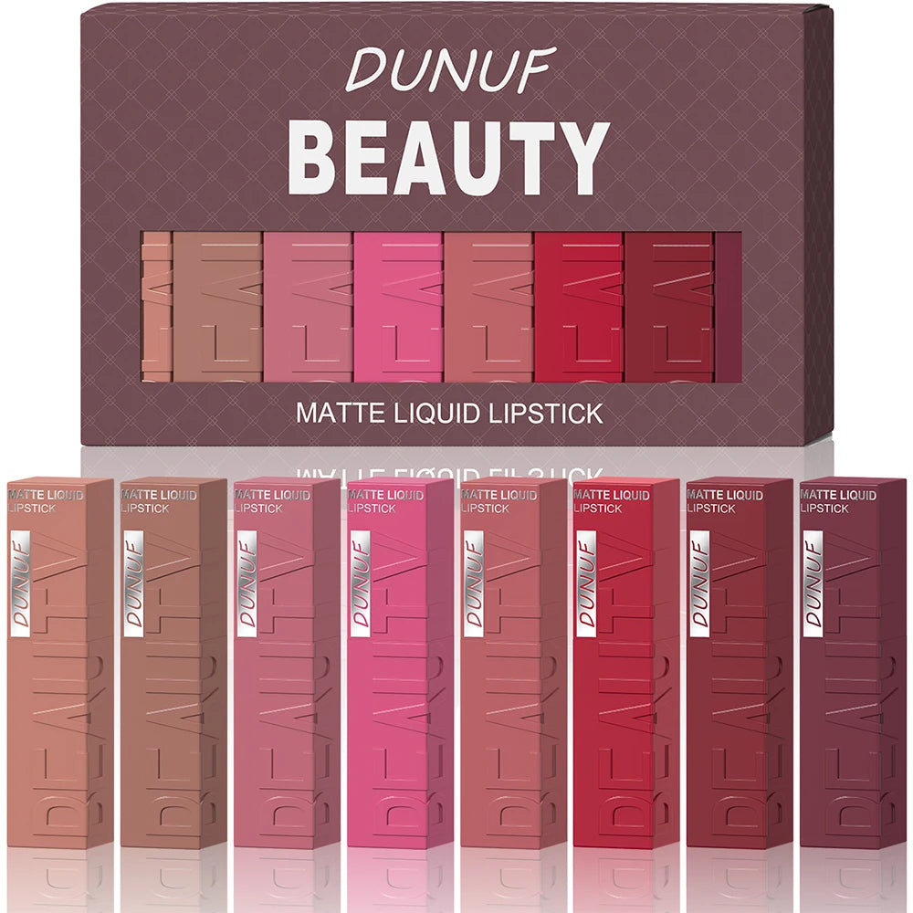 8pc Dunuf Beauty matte liquid lipstick set featuring a range of waterproof, long-lasting nude and pink lip shades.